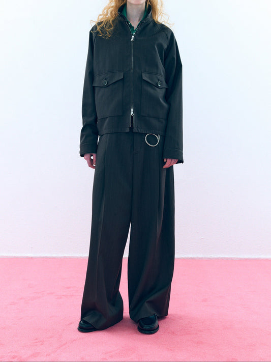 【Pre Order】Tuck Wide Trousers ( Khaki Stripe )