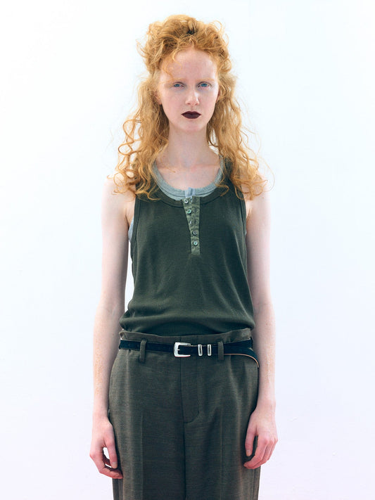 【Pre Order】Henley Neck Tank Top ( Khaki )